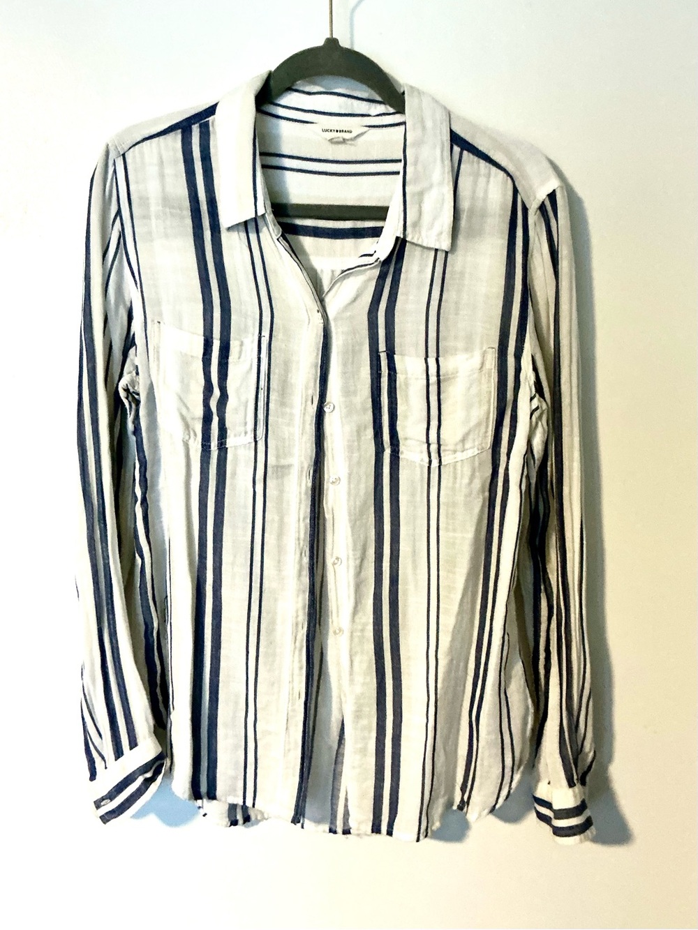 Lucky Brand White Button-Down Shirt with Navy Stripes